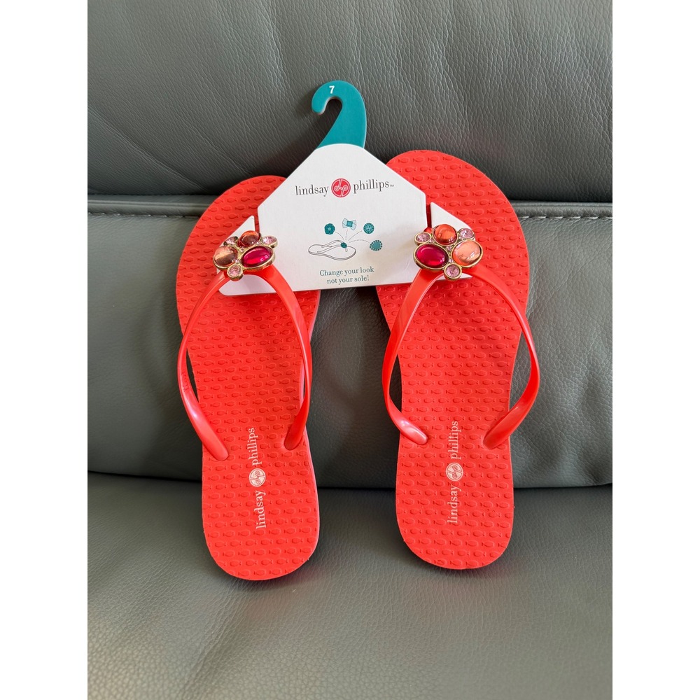 Lindsay Phillips Kelli Coral Flip Flop Sandals with Beaded Flower Snaps Size 7